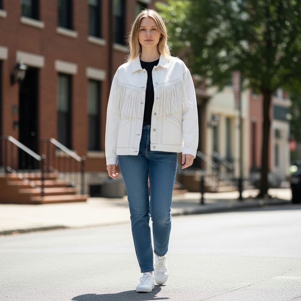 Denim Fringe Western Jacket Calla Lily M And Now This Womens White